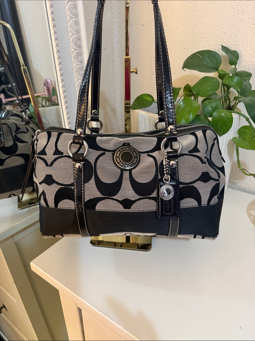 Coach Black and Gray Signature Logo Shoulder Bag